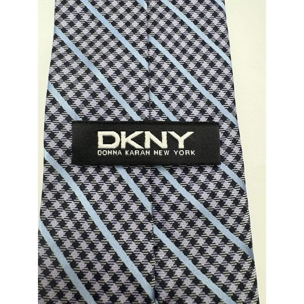 DKNY Silk Tie Gray Blue Striped Houndstooth Pattern‎ Classic Designer Neck Tie